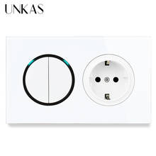 UNKAS 2 Gang 1 Way / 2 Way + EU Standard Wall Power Socket On / Off Light Switch LED Indicator White Crystal Glass Panel 16A 2024 - buy cheap