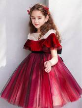 Girl Wine Red Velvet Party Dress Kids Princess Dresses Gauze Puff Sleeve Perform Ballroom Dress Kids Clothes E202094 2024 - buy cheap