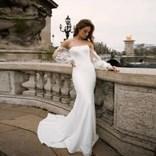 Off the shoulder Long Sleeve White Wedding Dress Mermaid Satin Bridal Gowns Custom Made Vestido De Noiva 2024 - buy cheap