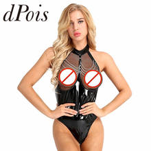 Sexy Patent Leather Bodysuit One Piece Swimsuit Women Sleeveless Fishnet Bust Monokini Halter Neck Zipper Open Crotch Leotard 2024 - buy cheap