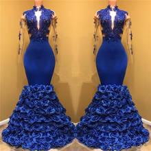 Королевское синее платье для выпускного вечера 2019, платье русалки с длинным рукавом, аппликацией из бисера, цветами, длинное платье для выпускного вечера, вечерние платья, Robe De Soiree 2024 - купить недорого
