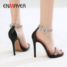 Enmayer-sandálias de salto alto em couro legítimo femininas, cor sólida, elegante, sapatos de casamento, sexy, femininos, 34 a 40 2024 - compre barato