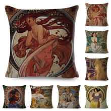 Vintage European Art Nouveau Mucha Gallery Cushion Cover Decor Beautiful Girl Pattern Pillowcase for Sofa Polyester Pillow Case 2024 - buy cheap