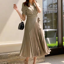 Женское плиссированное платье миди, модельное платье с бантом, коротким рукавом и широкой юбкой с высокой талией, лето 2022 2024 - купить недорого