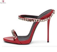 Sandálias femininas de salto alto, com corrente de metal vermelho, com dedos abertos, sexy, da moda, com corrente dourada, para verão 2024 - compre barato