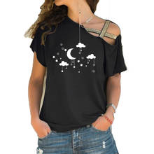 Camiseta estampada, estrelas e lua, manga curta irregular, bandagem cruzada, top feminino, verão, novo 2024 - compre barato