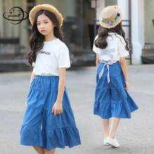 Kids Clothing Set Summer Girls Short T Shirts+pants Skirt 2pcs Suits O-neck Pullover Cowboy Wide Leg Loose Children's Clothes H5 2024 - buy cheap