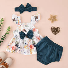 Conjunto de ropa con estampado Floral para niñas, Vestido de manga con lazo, diadema, 3 piezas 2024 - compra barato