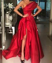 Vintage Long Taffeta One Shoulder Red Evening Dresses with Slit Floor Length Zipper Back Pleated Formal Party Dress for Women 2024 - buy cheap