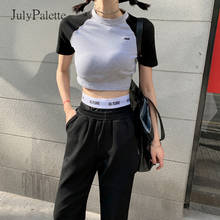 JulyPalette Fashion High Street Short T-shirt Casual Women Splice Color Summer Short Sleeve Tops Cotton Female O-neck Slim Tops 2024 - buy cheap
