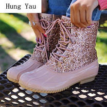 Rainboots Women Bling Ankle Duck Boots Waterproof Non-slip Fashion Female Flat Outdoor Platform Lace Up Plus Size 35-43 2024 - buy cheap