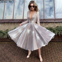 White Brown A-Line Long Sleeves Sexy Cocktail Dresses V-Neck Glitter Tea-Length Party Gowns 2021 Serene Hill LA70267 2024 - buy cheap