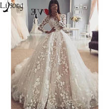 Gorgeous Ball Gown 3D Floral Long Sleeves Wedding Dresses Illusion Neck Appliques Bridal Wedding Gowns Court Train Bride Dress 2024 - buy cheap