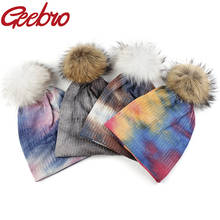 Geebro Women Multicolor Tie dye Hat Raccoon Fox Fur Pompon  Slouchy Caps Autumn Winter ladies Ribbed Cotton Beanies baggy Hats 2024 - compre barato