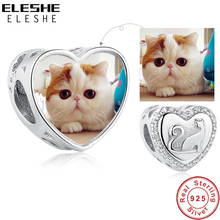 ELESHE Authentic 925 Sterling Silver Heart Photo Bead Charm with CZ Cute Cat Fine Bead Fit Original Bracelets DIY Jewelry 2020 2024 - buy cheap
