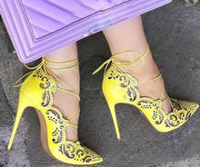 Lemon Yellow Pink Blue Laser Cut-out High Heels  Strappy Lace-up Stiletto Heels Patent Leather Dress Shoes Pointed Toe Pumps 2024 - buy cheap