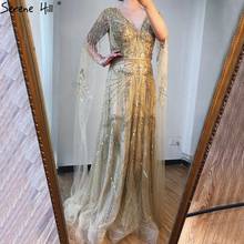 Serene Hill Gold A-Line Luxury Evening Dress Dubai V-Neck Pearls With Cap Sleeves Fromal Party Wear Gown CLA70703 2024 - buy cheap