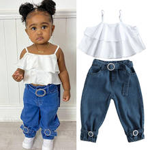 Roupas infantis 2021, conjunto de duas peças top e calça jeans com babados sem mangas 2024 - compre barato