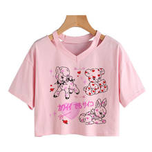 Camiseta curta de urso rosa, camiseta estilo kawaii, curta, engraçada, anime japonês, casual, gótico, decote em v, vintage 2024 - compre barato