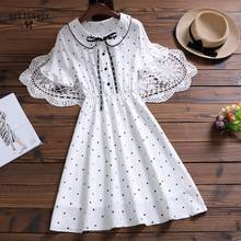 Mori menina verão feminino vestido branco peter pan colarinho bolinhas fita doce vestido alargamento manga bonito kawaii coreano elegante vestido 2024 - compre barato