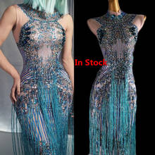 Sparkly Rhinestones Blue Tassels Skinny Long Dress Lady Singer Party Show Crystals Sleeveless Dress Birthday Celebration Costume 2024 - buy cheap