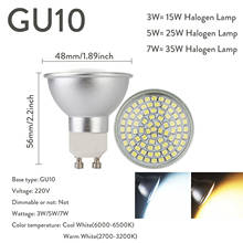 Ac 220v 2835 smd gu10 lâmpadas led spotlight 3w 5 7 substituir halogênio 15 25 35 lâmpada quente fresco branco luz ponto alumínio capa 2024 - compre barato