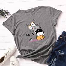 Женская хлопковая футболка размера плюс с рисунком, летние топы с короткими рукавами, футболки с принтом милых кошек, футболки для девочек, Харадзюку 2024 - купить недорого
