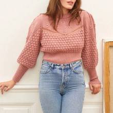 2020 Autumn and Winter New Round Neck Crochet Hollow Design Puff Sleeve Sweater 2024 - buy cheap