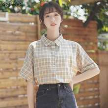 Blouses Women Shirts Short Sleeve Summer Plaid Leisure Preppy Style Teens Fresh All-match Kawaii Womens Tops Trendy Korean Chic 2024 - buy cheap