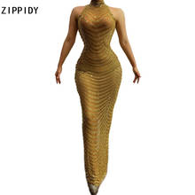 2020 Gold Full Rhinestones Mesh Long Dress Women Singer Show Dress Birthday Prom Outfit High Neck Transparent Dress 2024 - buy cheap