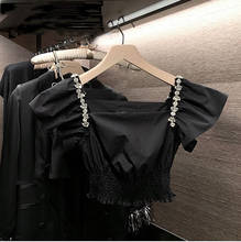 European Spring Summer New Heavy Industry Black Square Collar Rhinestone Puff Sleeve Waist Folds Thin Short Tops Blouses Women 2024 - buy cheap