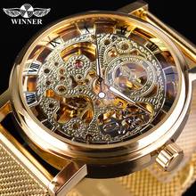 Winner Transparent Steampunk Skeleton Dial Automatic Watch Gold Clock Luminous Hand Stainless Steel Mesh Band Mechanical Watch 2024 - buy cheap