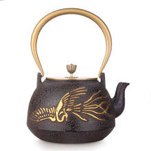 Japanese health cast iron Kongfu teapot old iron tea pot Phoenix painted gold copper cover water kettle drinkware 1.3L 2024 - buy cheap