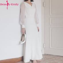 Vestido romântico branco simples de noite, até o tornozelo, decote v, uma linha, manga comprida, cetim, elegante, formal, vestido de festa 2021 2024 - compre barato
