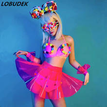 Bar Club Festival Rave Party Show Costume Rose Leather Colorful Ball Headdress Bikini Skirts Outfit DJ Leading Dancer Stage Wear 2024 - buy cheap