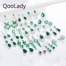 Qoolady-pendientes de circonia cúbica para mujer, arete de piedra verde grande con estilo, flor, hoja larga, joyería para fiesta y boda, E013, 2019 2024 - compra barato