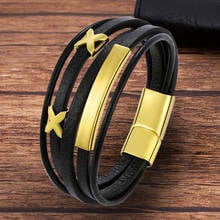 Fashion Magnet Stainless Steel  Charm Bracelet For Men Genuine Leather Multilayer Braided Black  Casual  Punk Bangles Jewelry 2024 - buy cheap