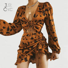 Juschicc-vestido sexy com babados, vestido feminino de manga longa com estampa de leopardo, decote em v profundo, justo para clube 2024 - compre barato