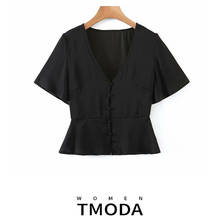 Tmoda1206 2021 za blusa feminina preta gola v cetim camisa de chiffon coreana blusa feminina manga curta camisas elegantes tops chique 2024 - compre barato
