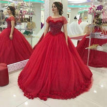 Top Beadings Crystal Tulle A-line Red Prom Dresses Short Sleeve Ball Gown robe de soiree Party Dress For Women 2024 - buy cheap