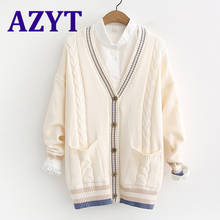 Женский вязаный кардиган AZYT, корейский Свободный трикотажный кардиган с V-образным вырезом, пальто-свитер, кардиган с пуговицами Куртка для весны 2021 2024 - купить недорого