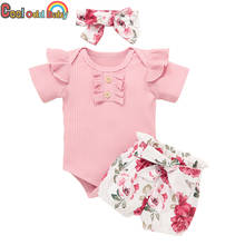 3 pçs do bebê da menina roupas de verão conjunto floral padrão shorts rosa bodysuit topos macacão bandana bonito recém-nascido roupas infantis 2024 - compre barato
