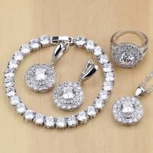Conjuntos de joyas de plata 925 para mujer, aretes/colgantes/Collar/anillos/pulsera de circonia cúbica blanca para fiesta 2024 - compra barato