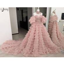 Fashion Off the Shoulder Prom Dresses 2021 New Designer Tiered Tulle Long Train Wedding Formal Dress Pink Evening Gowns 2024 - buy cheap