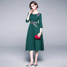 2020 vintage floral bordado três quartos manga a vestido feminino elegante na altura do joelho elegent vestido de festa verde plus size 2024 - compre barato