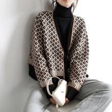 Woman Sweaters Cardigan Autumn Winter Air Contrast Color Knitted Cardigan Women's V-neck Rhombus Plaid Thick Baggy Coat Sweater 2024 - buy cheap