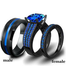 Fashion Jewelry Lovers Rings Women's Blue Zircon Engagement Ring Sets Men's Stainless Steel Wedding Band Anniversary Gift 2024 - купить недорого