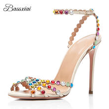 Luxury Colorful Diamond Ankle Strap Sandals Women Jeweled Rhinestone Narrow Band Open Toe Thin High Heel Summer Sandalias 2024 - buy cheap