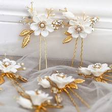 White Floral Hair Pins Bridal Clips Gold Leaf Headpiece For Women Handmade Wedding Hair Accessories 2024 - buy cheap
