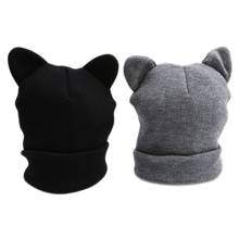 Gorro de punto con orejas de gato para mujer, gorro cálido de lana, color gris y negro, para invierno 2024 - compra barato